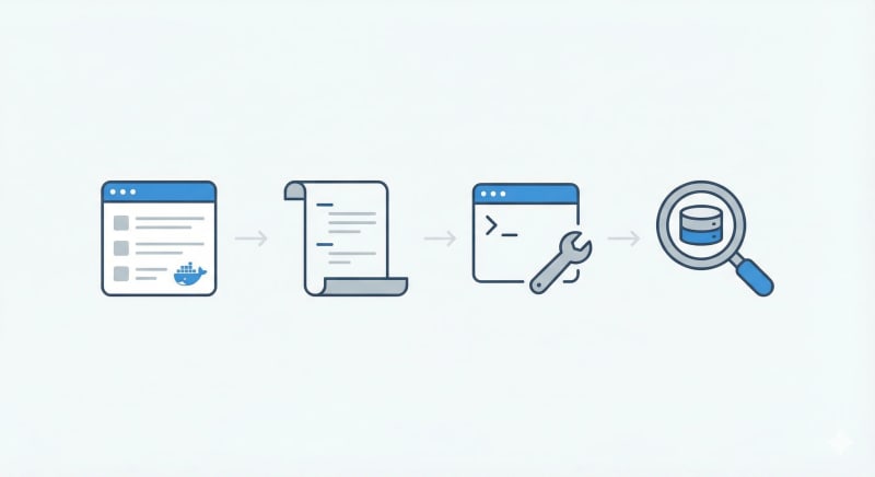 Docker sorun giderme akışını gösteren diyagram: container durumu, log kontrolü, container içine girme ve detaylı inceleme adımları.