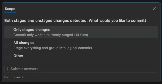 Claude Code scope selection dialog showing options: Only staged changes, All changes, and Other