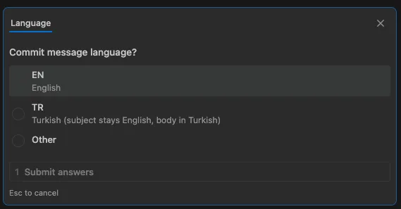 Claude Code language selection dialog showing EN (English) and TR (Turkish) options for commit message body
