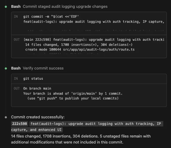 Claude Code commit result showing a successful feat(audit-logs) commit with 14 files changed, 1708 insertions, and 304 deletions
