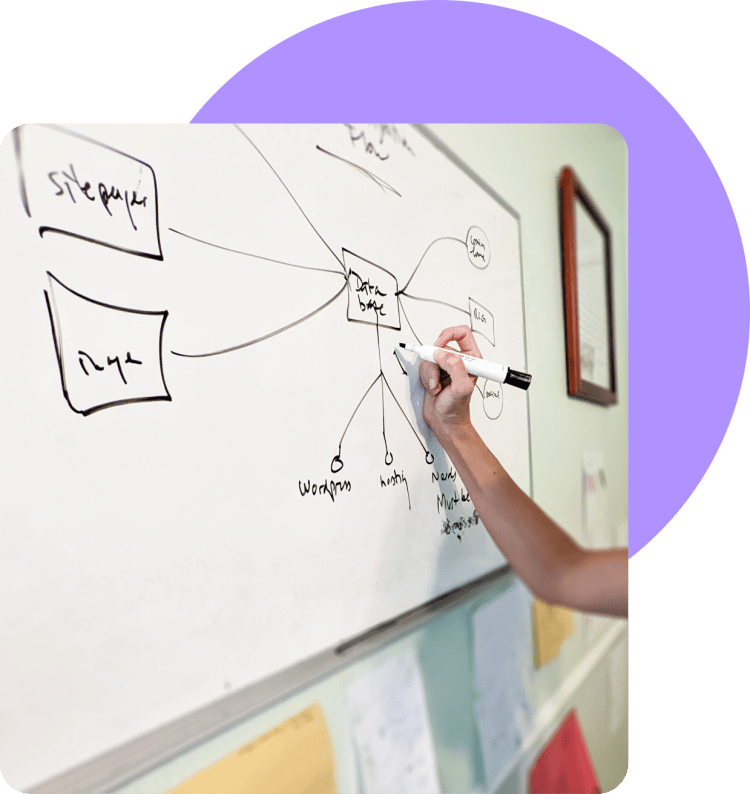 Image of someone writing on a whiteboard that has a flowchart with multiple boxes and arrows pointing to the center