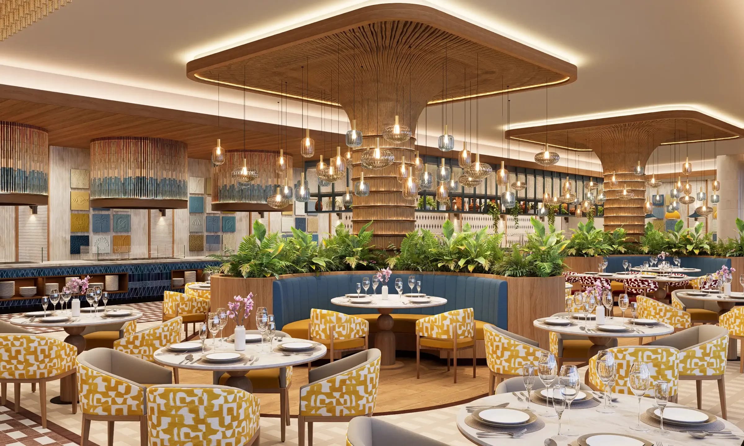 Sophisticated and elegant restaurant interior in a Cancun resort, featuring stylish round tables set for dining, vibrant patterned chairs, lush green plants, artistic wooden ceiling installations, and warm ambient lighting. Ideal venue for MICE gala dinners, corporate banquets, incentive group meals, networking events, and private conference functions.