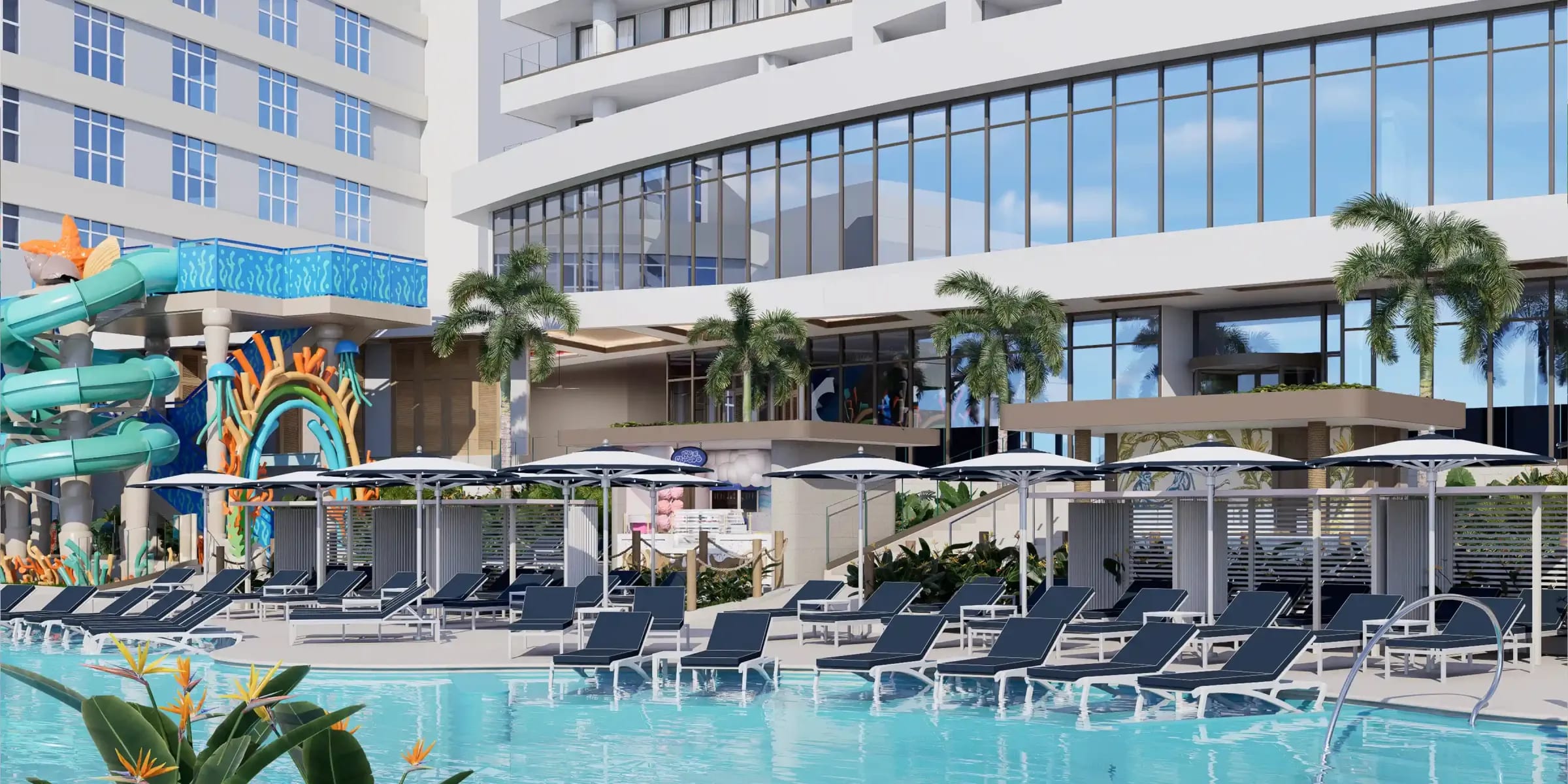 Vibrant waterpark and pool area at a modern family-friendly resort in Cancun, featuring colorful twisting water slides, luxurious sun loungers, shaded cabanas, palm trees, and ocean views. Perfect leisure space for MICE incentive programs, team-building activities, corporate family events, conference relaxation, and group travel rewards.