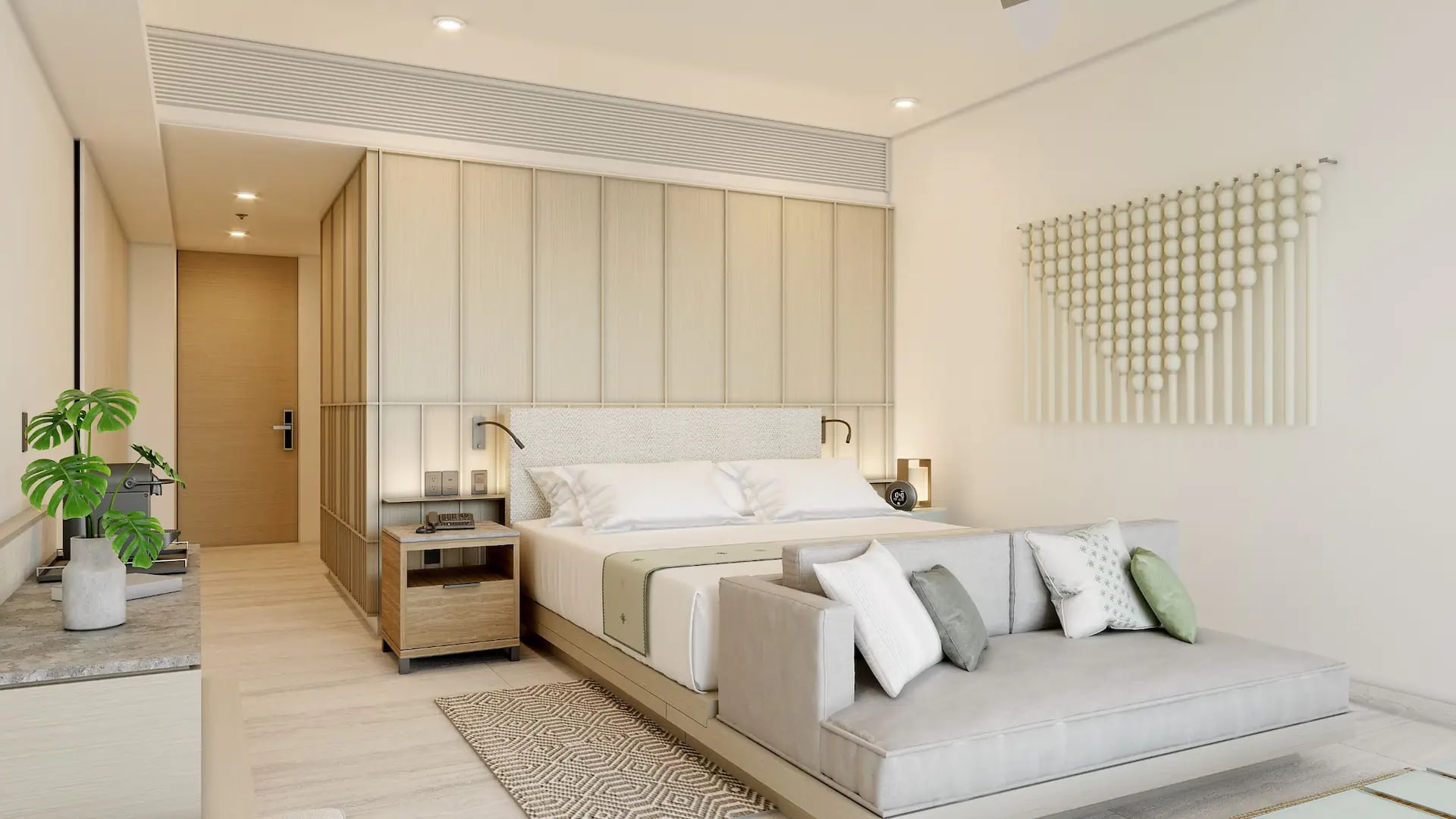 Elegant deluxe king guest room in a luxury all-inclusive resort in Cancun, Mexico, featuring a comfortable king bed with neutral linens, modern wooden accents, built-in daybed sofa, coffee station, contemporary wall art, and serene minimalist design – premium accommodation perfect for MICE executives, corporate conference attendees, incentive trip participants, and business travelers seeking sophisticated comfort and relaxation.