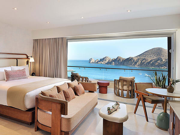 Oceanview suite at Corazón Cabo Resort & Spa featuring elegant furnishings and panoramic sea views—ideal for MICE executive stays, incentive travel, and VIP accommodations in Los Cabos.