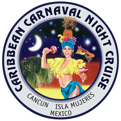 Official logo for the Caribbean Carnaval Night Cruise, highlighting a vibrant showgirl with a fruit headdress and maracas against a night sky, with text indicating 'Cancun - Isla Mujeres - Mexico'. This popular evening activity is perfect for MICE groups looking for a lively cultural experience