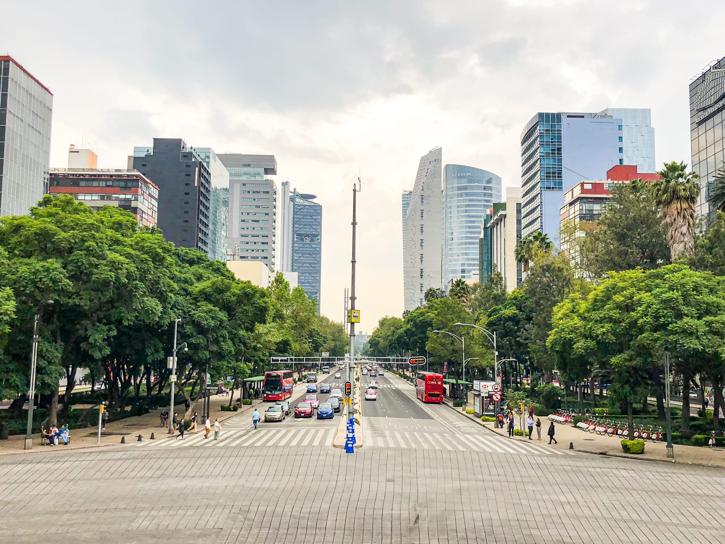 A wide-angle view of Paseo de la Reforma, a major boulevard in Mexico City, surrounded by lush green trees and modern skyscrapers. The street is busy with traffic and pedestrians, showcasing the city’s vibrant, cosmopolitan energy. This scene is ideal for MICE industry events and incentive travel.