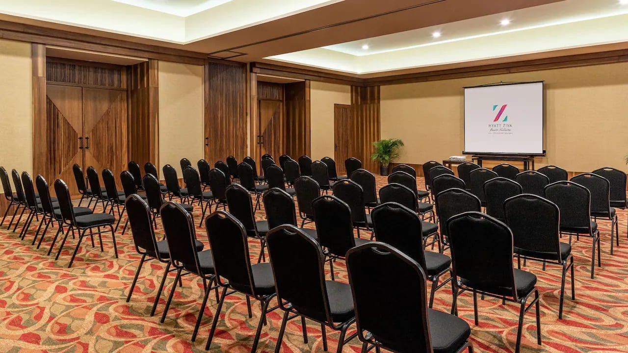 Theater-style meeting room setup at Hyatt Ziva Puerto Vallarta, a leading MICE venue in Mexico for meetings, incentives, conventions, and exhibitions, featuring rows of black padded chairs arranged in semi-circles facing a projection screen with Hyatt Ziva logo, wooden paneled walls, double doors, potted plant, and patterned carpet ideal for corporate presentations and breakout sessions in an all-inclusive resort environment.