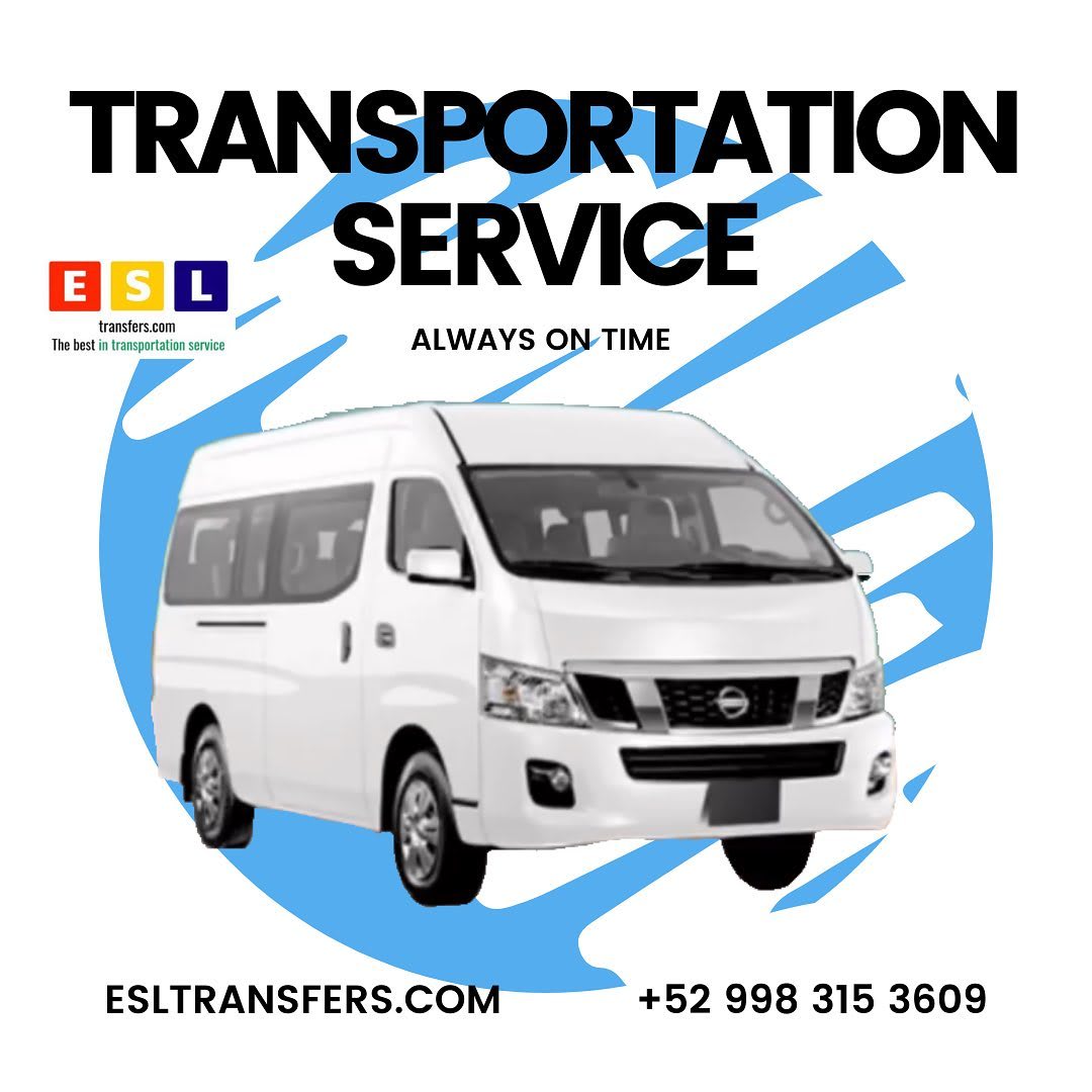 A graphic featuring a clean, white shuttle van against a dynamic blue and white background. The text "TRANSPORTATION SERVICE ALWAYS ON TIME" and the ESL Transfers logo are prominently displayed. This image represents dependable MICE ground transportation and conference shuttle services in Cancún, ensuring timely and comfortable transfers for groups, corporate events, and conventions.
