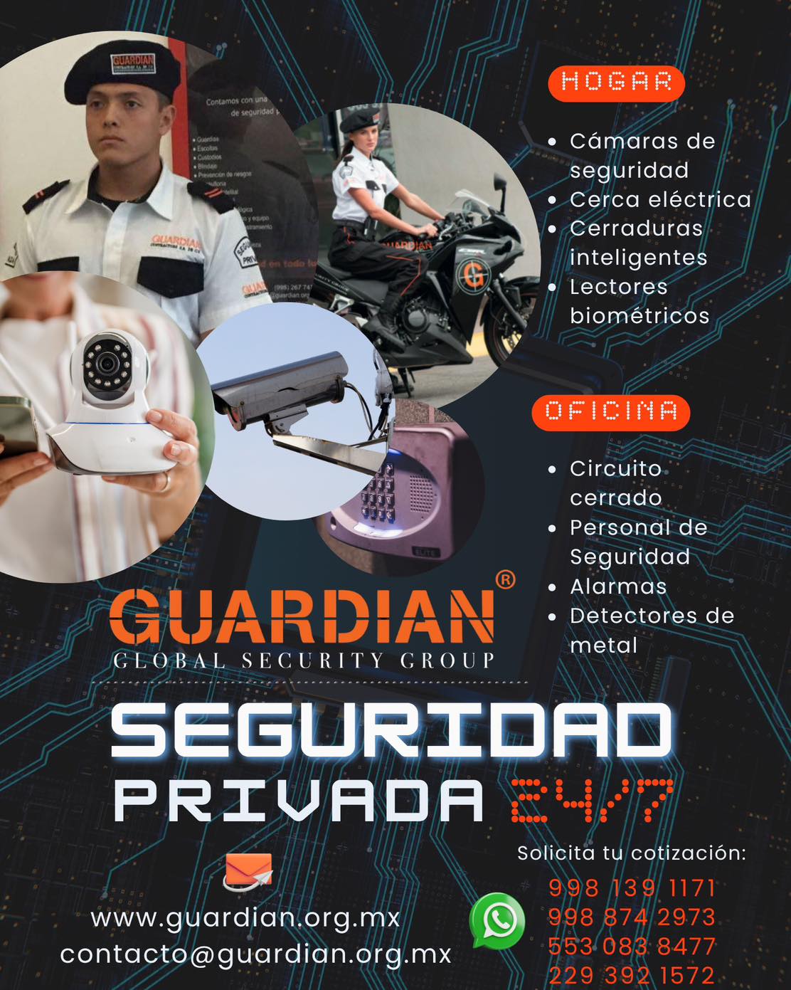 A security solutions graphic for "Guardian Global Security Group" promoting "ARMAS NO LETALES" (Non-Lethal Weapons). The text highlights rubber bullet devices for temporary incapacitation, ideal for crowd control and mass events, which is crucial for safety and security management at large-scale conventions and exhibitions within the MICE sector.