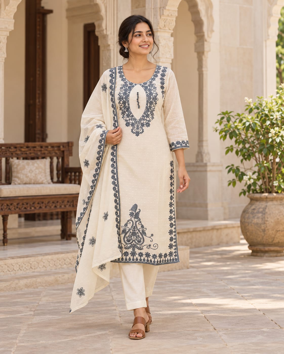 Ivory & Blue Embroidered Suit