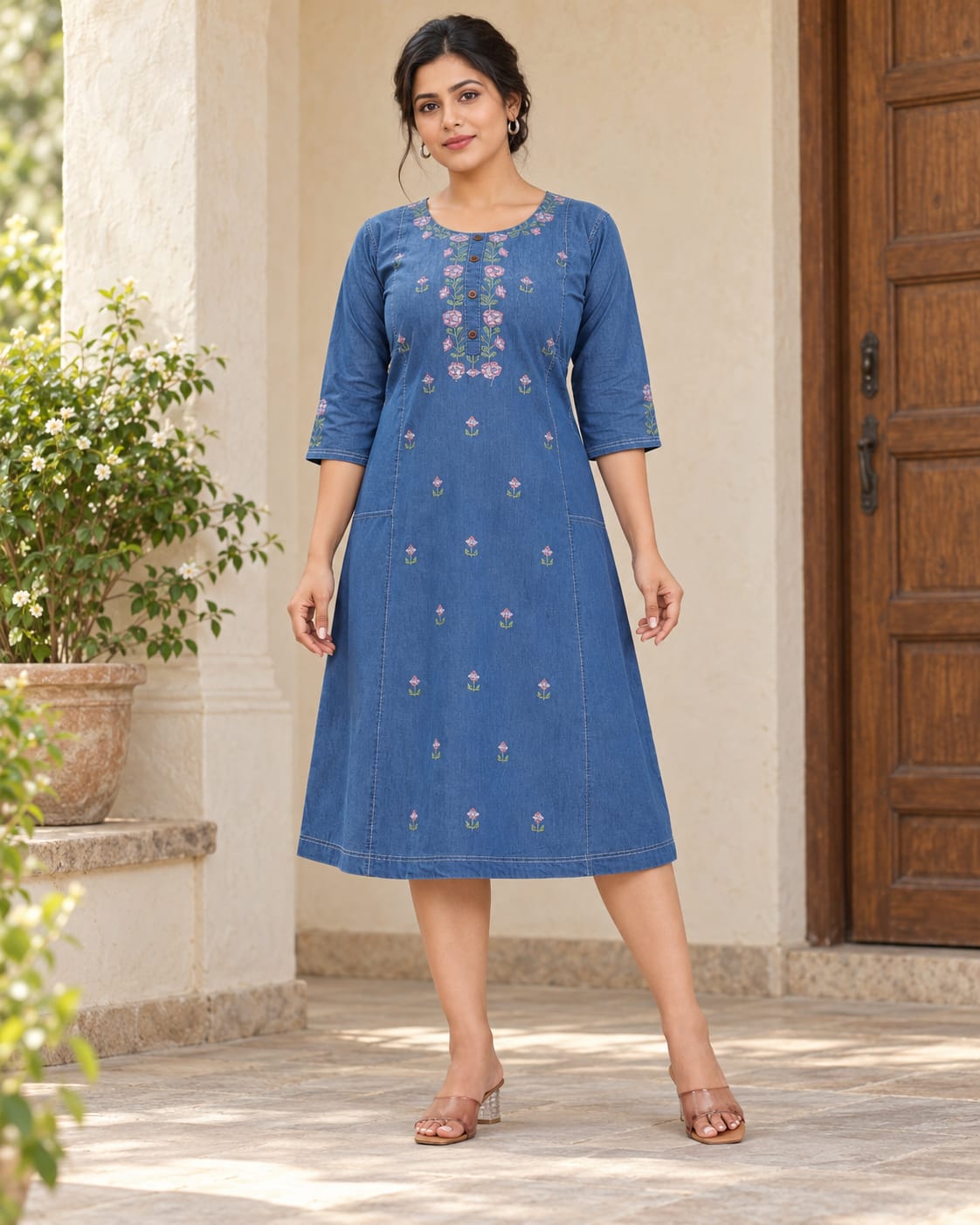 Soft Floral Demin Top With Embroidery Work