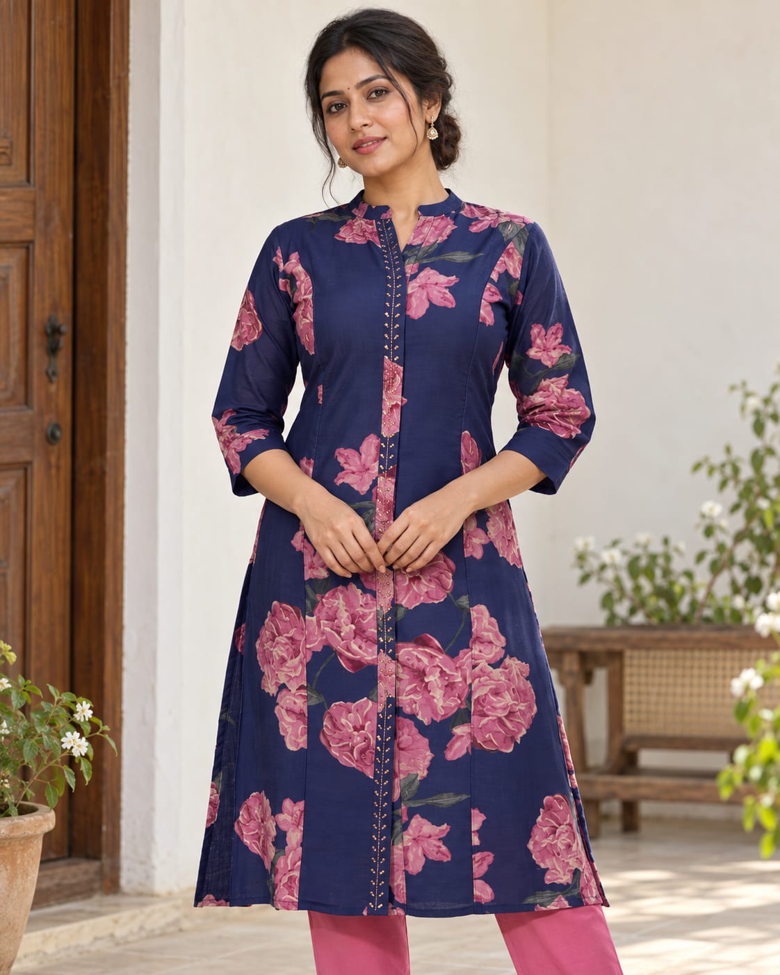 Navy Rose-Print Kurta