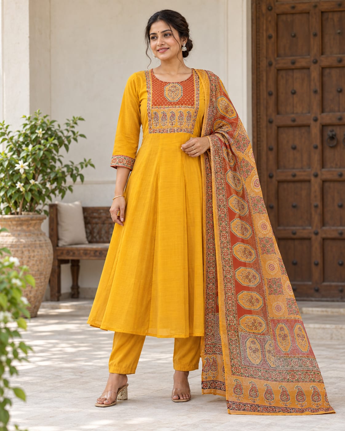 Mustard Pure Mal Chanderi Anarkali Set