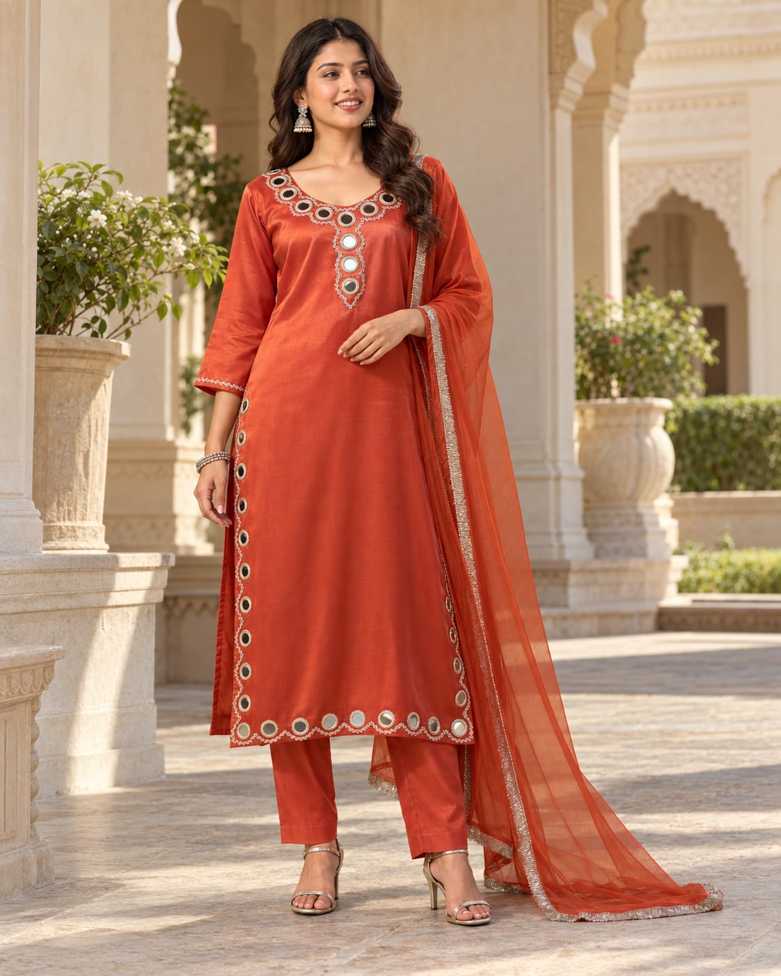Pure Fabric Rust Mirror-Work Suit