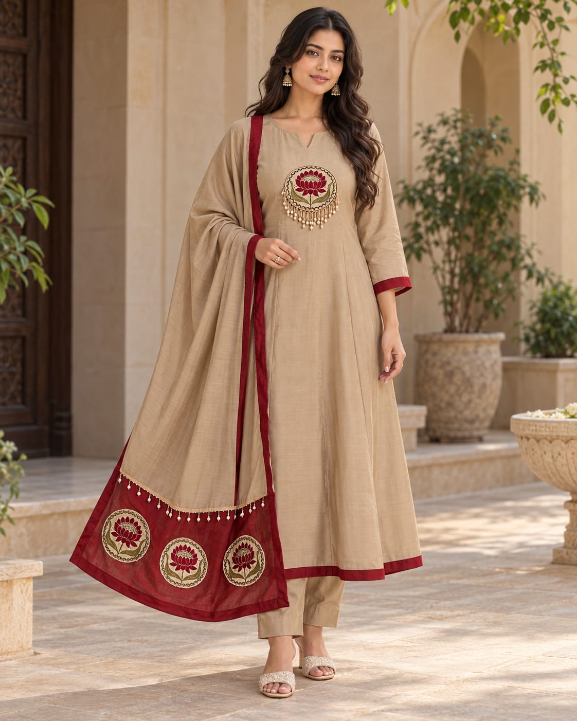 Sand Lotus-Motif Anarkali Set - front view