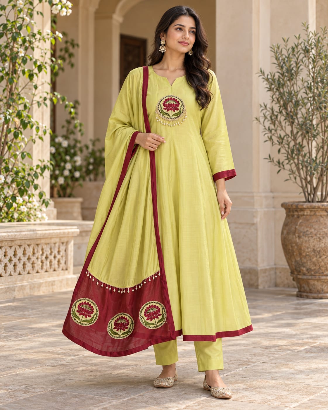 Lime Lotus-Motif Anarkali Set - front view