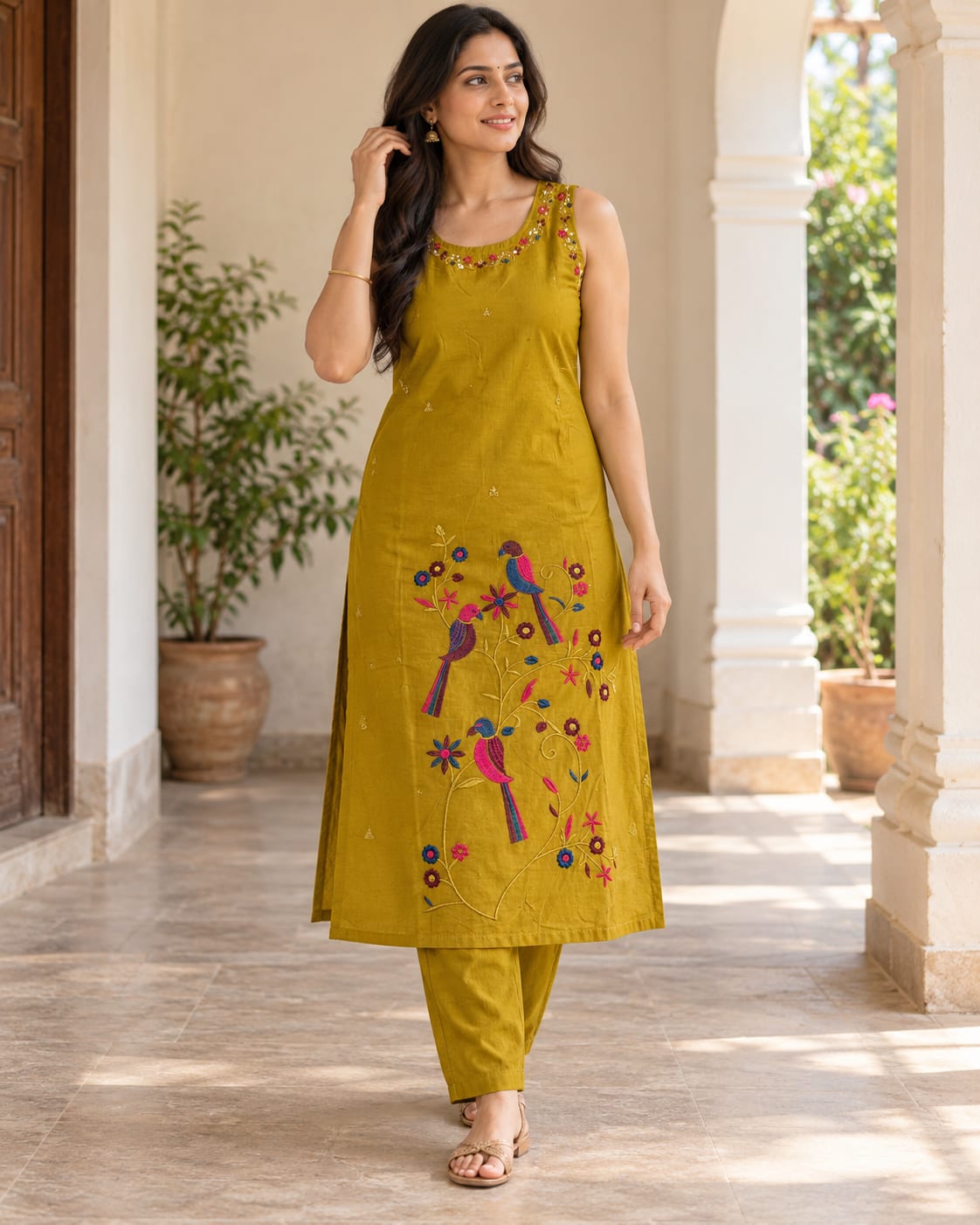 Mustard Parrot-Embroidered Kurta Set