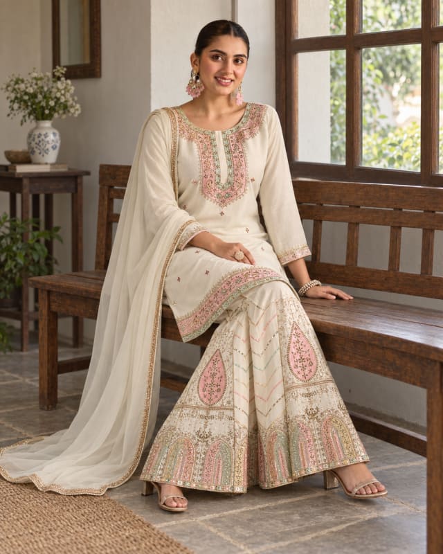 Ivory & Pink Embroidered Suit