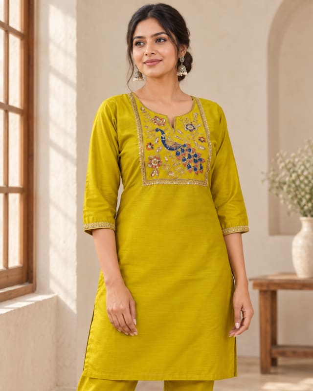 Lime Peacock-Print Kurta Set