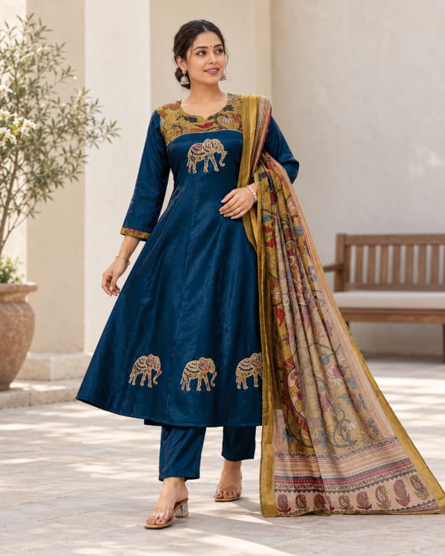 Navy Elephant-Print Glass Silk Anarkali Set