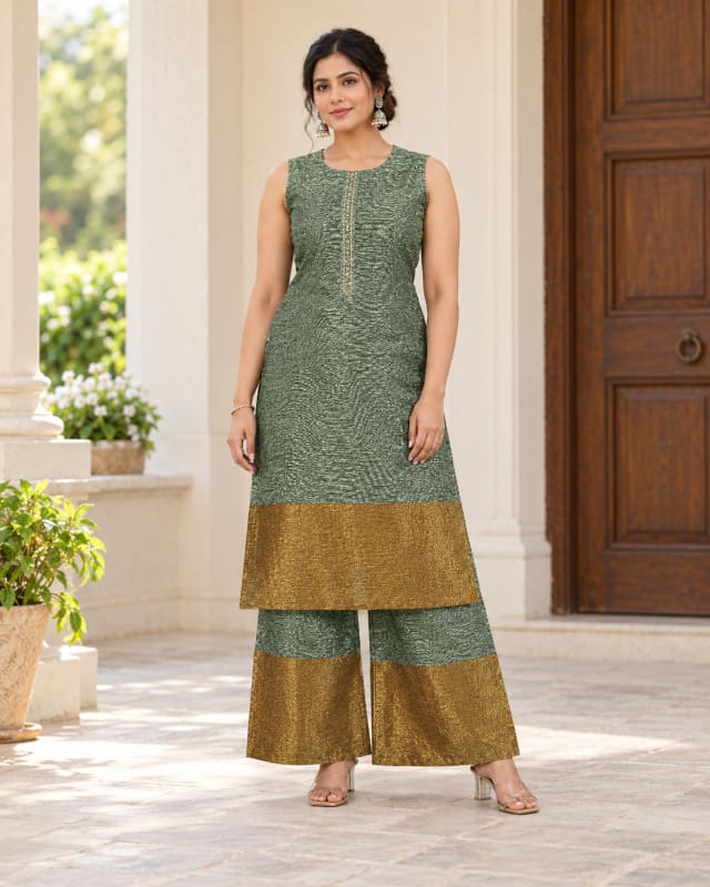 Tissu Sage-Gold-Palazzo-Set