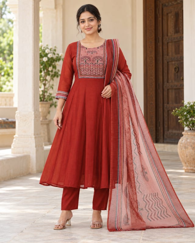 Pure Mal Chanderi Red Anarkali Set