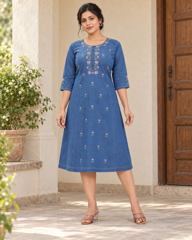 Soft Floral Demin Top With Embroidery Work