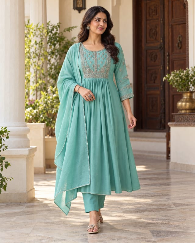 Aqua Heavy Beeds Anarkali Set