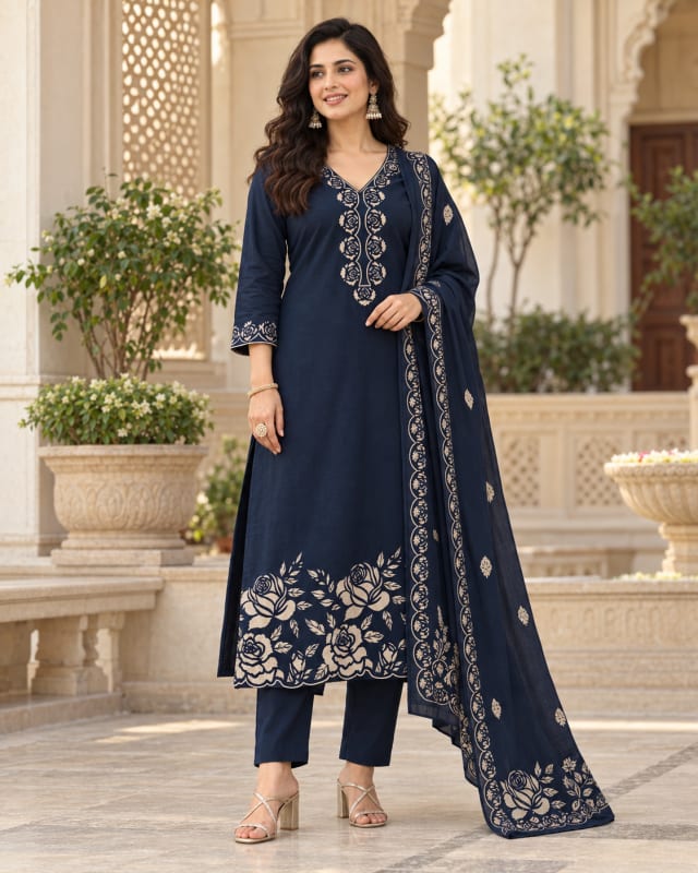 Navy Rose-Embroidered Suit - front view