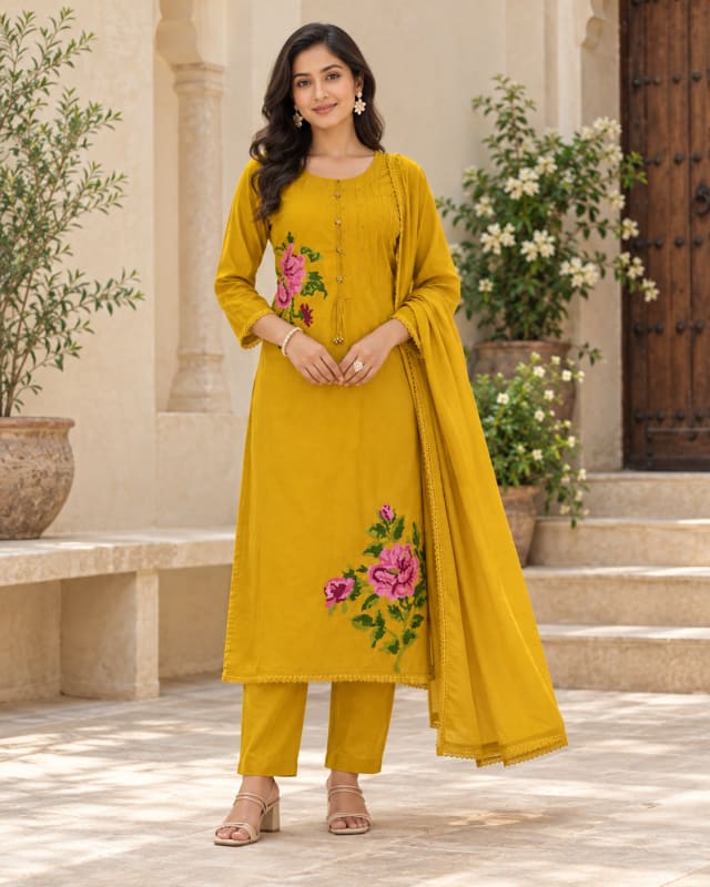 Mustard Rose-Embroidered Suit - front view