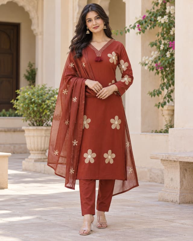 Brick Red Floral-Motif Suit - front view