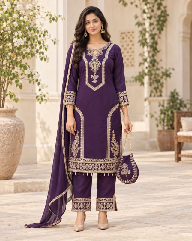 Purple Gold-Embroidered Suit - front view
