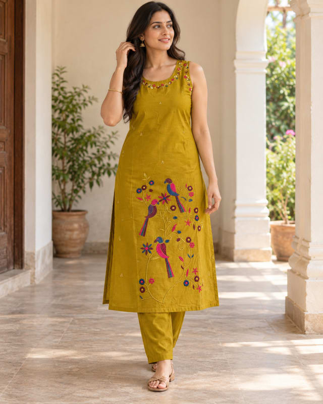Mustard Parrot-Embroidered Kurta Set
