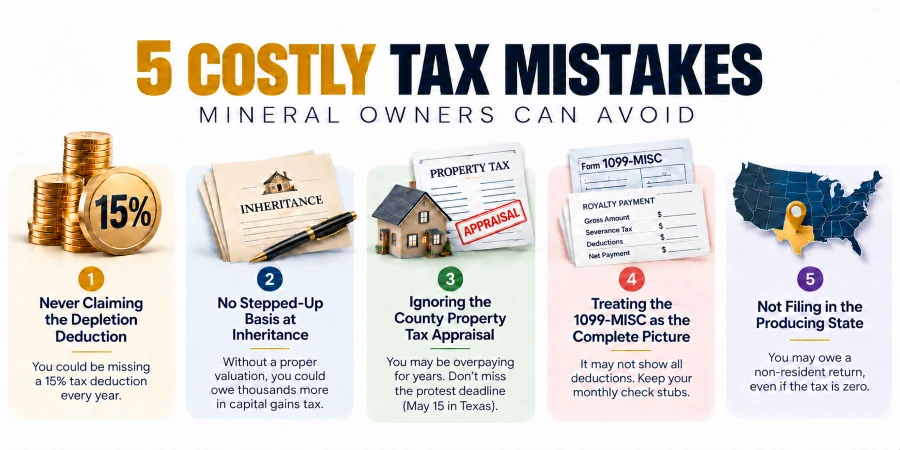 Infographic showing five costly tax mistakes mineral owners should avoid, including missed depletion deductions, inheritance basis issues, property tax appraisals, incomplete 1099-MISC records, and state filing requirements. Each mistake is paired with a simple visual example to help mineral and royalty owners quickly understand common tax risks.