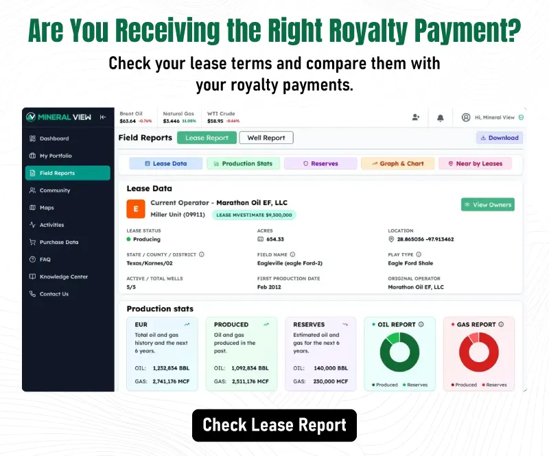 MineralView lease report dashboard displaying production data, reserves, and operator details. The tool helps mineral owners check royalty payments against lease agreements.