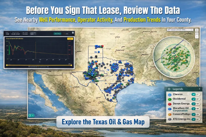 Promotional graphic for MineralView stating “Before You Sign That Lease, Review the Data,” featuring a Texas oil and gas map with well markers, a production trend chart, and a legend of operators, plus a call-to-action button reading “Explore the Texas Oil & Gas Map.”