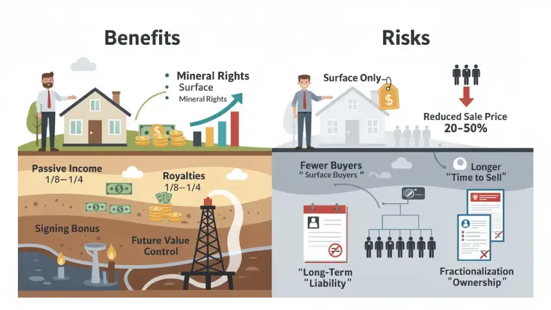 The image illustrates the benefits and risks for sellers who retain mineral rights when selling property. On one side, it highlights benefits such as potential royalty income, immediate cash from signing bonuses, and control over development, while the other side depicts risks like reduced sale price, market shrinkage, and long-term liability for heirs.