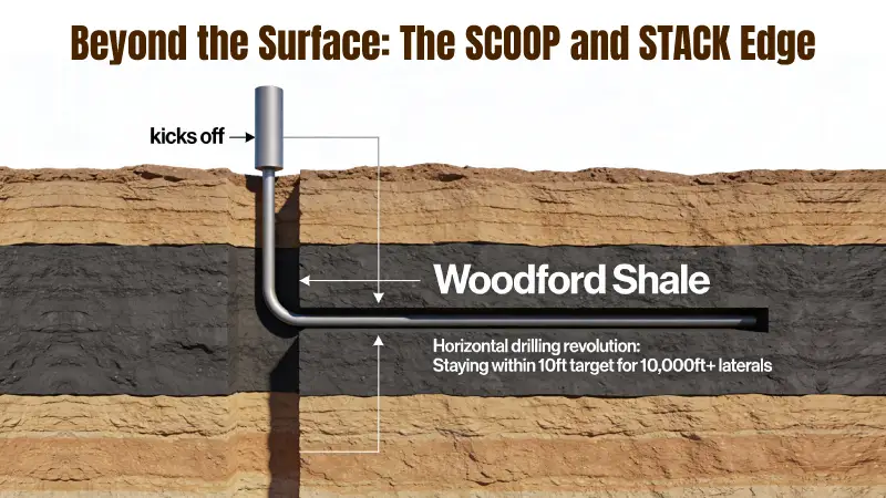 Illustration showing a vertical well that turns horizontal within the Woodford Shale, highlighting advanced drilling techniques used in the Anadarko Basin’s SCOOP and STACK plays.The graphic explains how long horizontal laterals stay within a tight target zone, unlocking oil, gas, and mineral wealth deep below the surface.