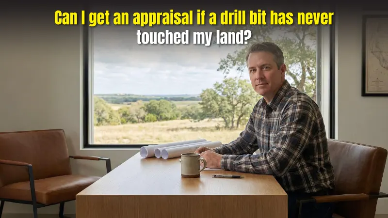 Mineral Rights Appraisal consultation for undeveloped land, showing a property owner reviewing documents to determine mineral value before any drilling occurs.