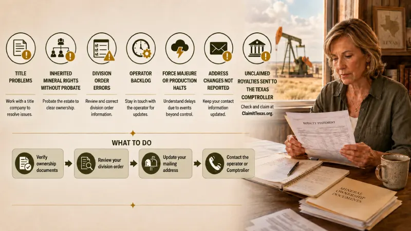 Mineral owner reviewing royalty paperwork while facing common causes of delayed royalty payments, including title issues, probate problems, operator backlog, and unclaimed royalties.