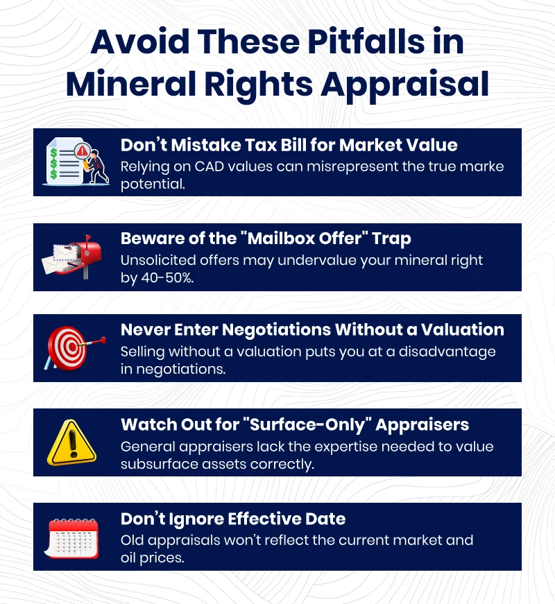 Infographic highlighting common mistakes in mineral rights appraisal, including tax value confusion, mailbox offers, poor valuation, and outdated appraisals.