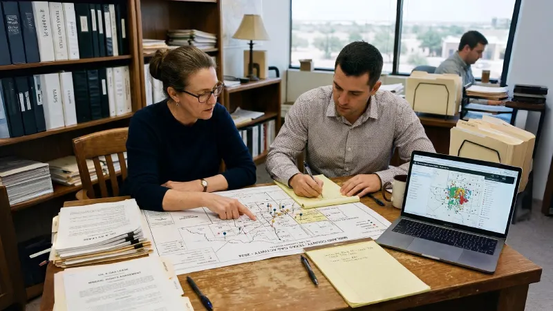Two professionals reviewing maps, documents, and laptop data while researching mineral rights and leasing activity before signing an oil and gas lease. Pre-lease research helps mineral owners analyze property data, nearby drilling activity, and potential mineral value before finalizing agreements.