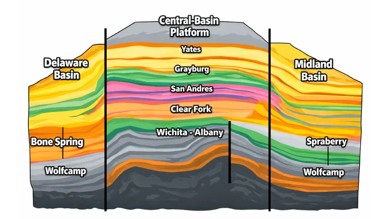 Cross-section of the Permian Basin showing the Central Basin Platform as a structural high compared to the deeper Delaware and Midland Basins.