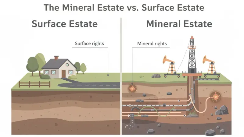 The image illustrates the distinction between the mineral estate and surface estate, highlighting the ownership of resources such as oil and gas beneath the land versus the physical land itself. It emphasizes the importance of understanding mineral rights in Texas, particularly for those involved in oil companies and the process of transferring mineral rights for potential royalty payments.