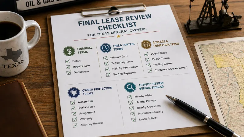 Texas mineral owner lease checklist document covering financial terms, production clauses, surface protections, and nearby drilling activity.