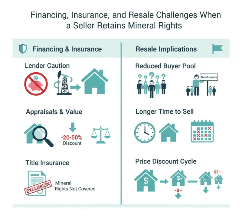 The image illustrates a real estate transaction where the seller wants to retain mineral rights while selling land, highlighting the separation between surface rights and mineral ownership. It depicts potential buyers discussing legal documents, such as a mineral reservation deed, with a licensed attorney to understand the implications of the split estate on future resource extraction.