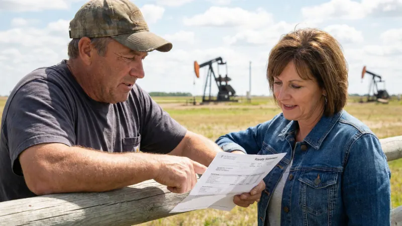 Why mineral owners are stronger together – two mineral owners reviewing oil and gas documents near an active pumpjack in a rural field.