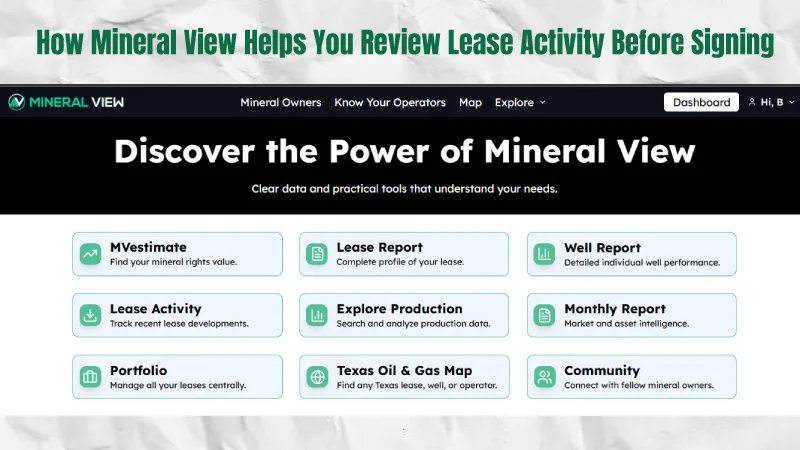 Mineral View platform helping mineral owners review lease activity, well reports, production data, and operator information before signing.