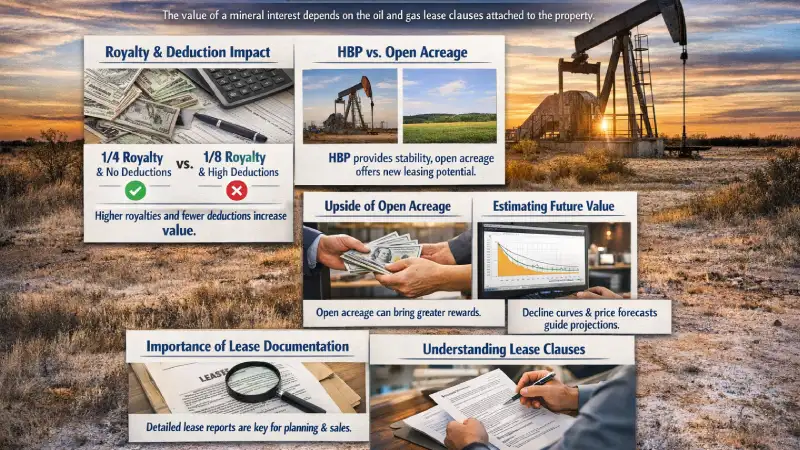 Infographic showing how oil and gas lease clauses impact mineral rights value, including royalty deductions, HBP vs open acreage, and future revenue estimates. Visual guide explaining lease documentation, royalty structures, and valuation factors that affect mineral ownership and long-term income.